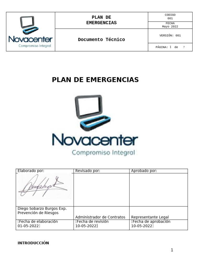 Plan de Emergencias Novacenter 2022 | PDF | Business | Tecnología
