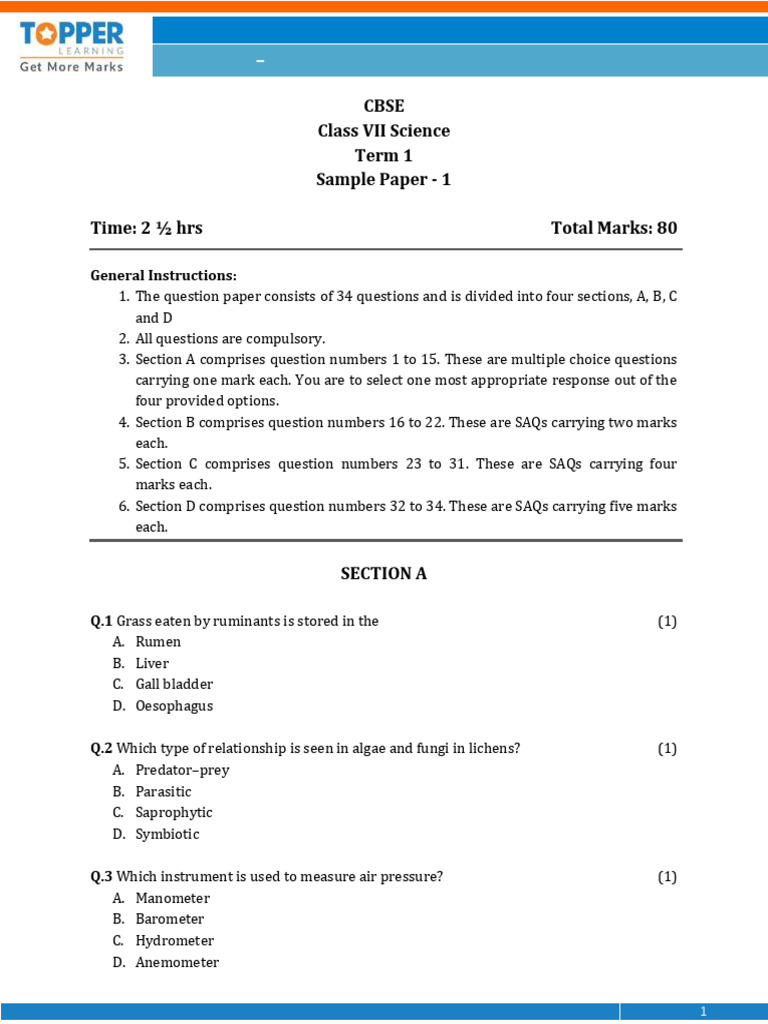 Sample Paper Science Term 1 Toppr | PDF
