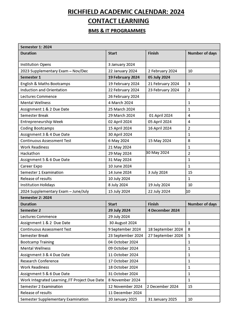 2024 Richfield Academic Calendar Contact Programmes PDF