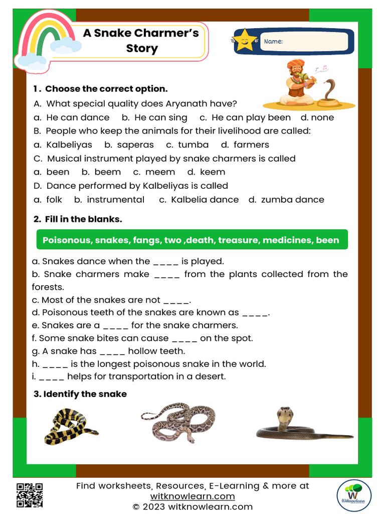 A Snake Charmers Story Class 5 Worksheet With Answers 0 2023 31 07