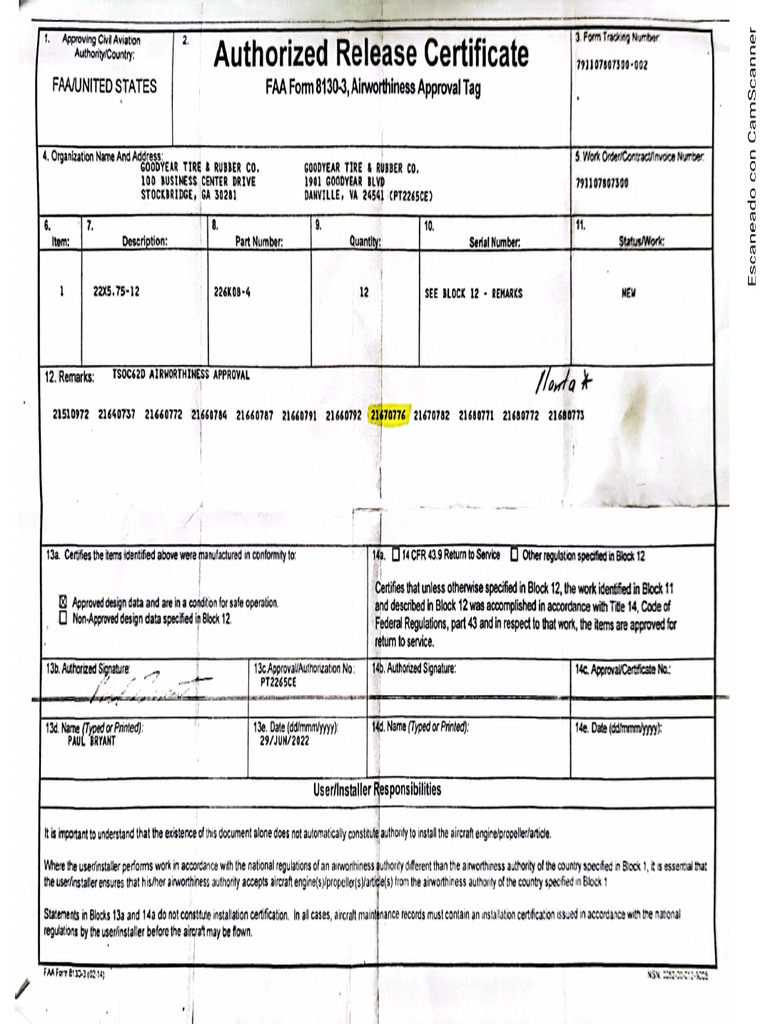 Tires 8130-3 Form | PDF