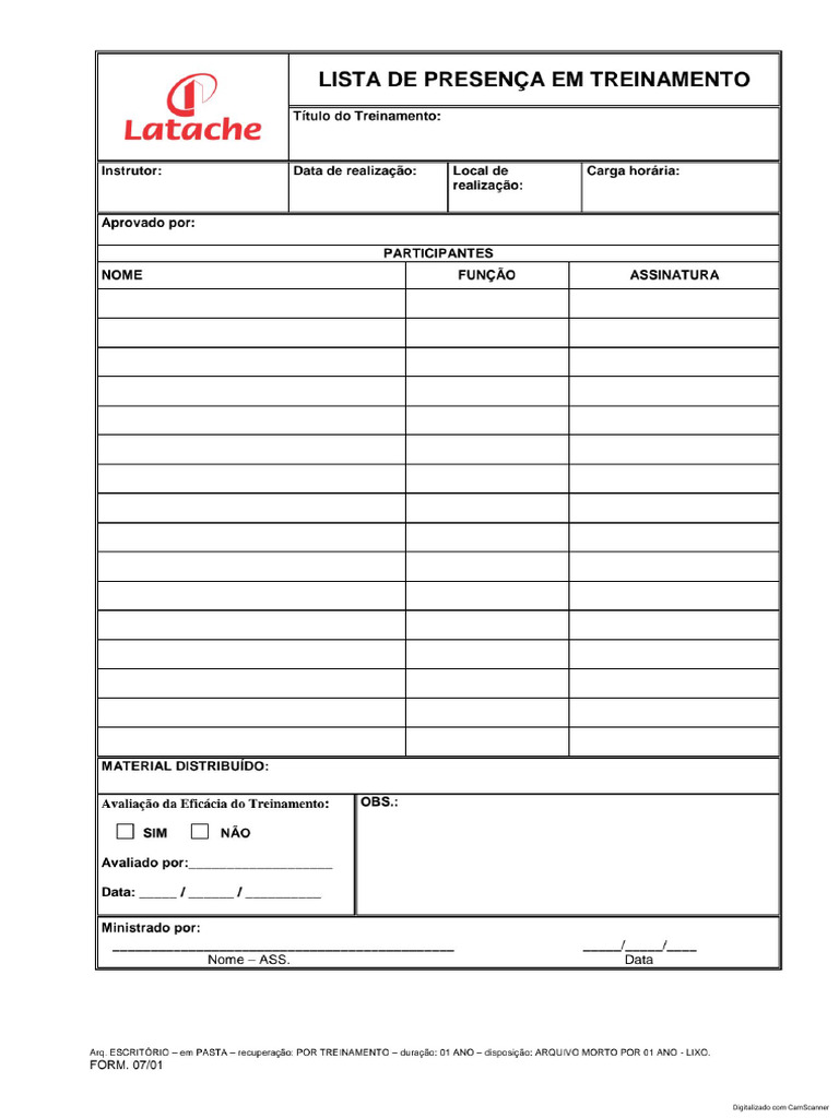 FORM. 07 V01 - LPT - Lista de Presença em Treinamento | PDF