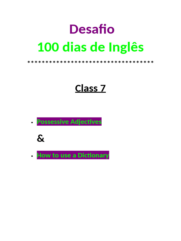 Desafio+Class+7+-+Possessive+Adjectives+,+How+to+use+a+Dictionary | PDF