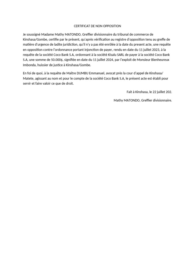 Certificat de Non Opposition PDF