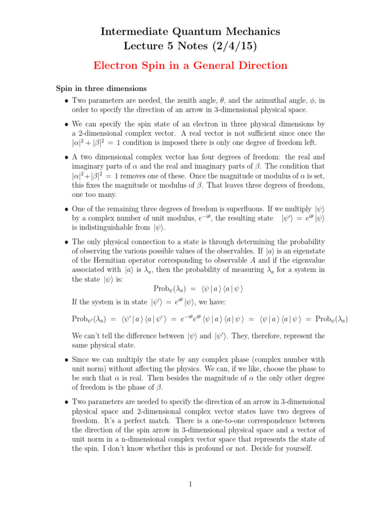 Lecture 5 Electron Spin (Cont) | PDF | Spin (Physics) | Mathematical ...