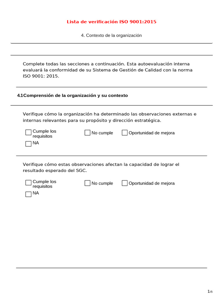 Lista de Verificacion ISO 9001 | PDF