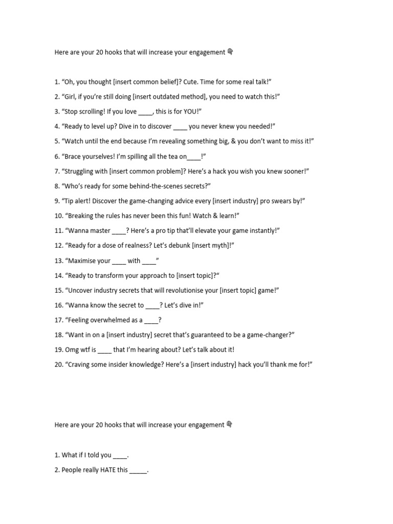 Here Are Your 20 Hooks That Will Increase Your Engagement ?? | PDF
