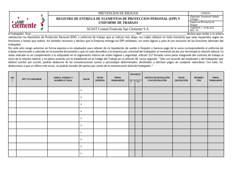 07.- REGISTRO ENTREGA DE EPP final | PDF
