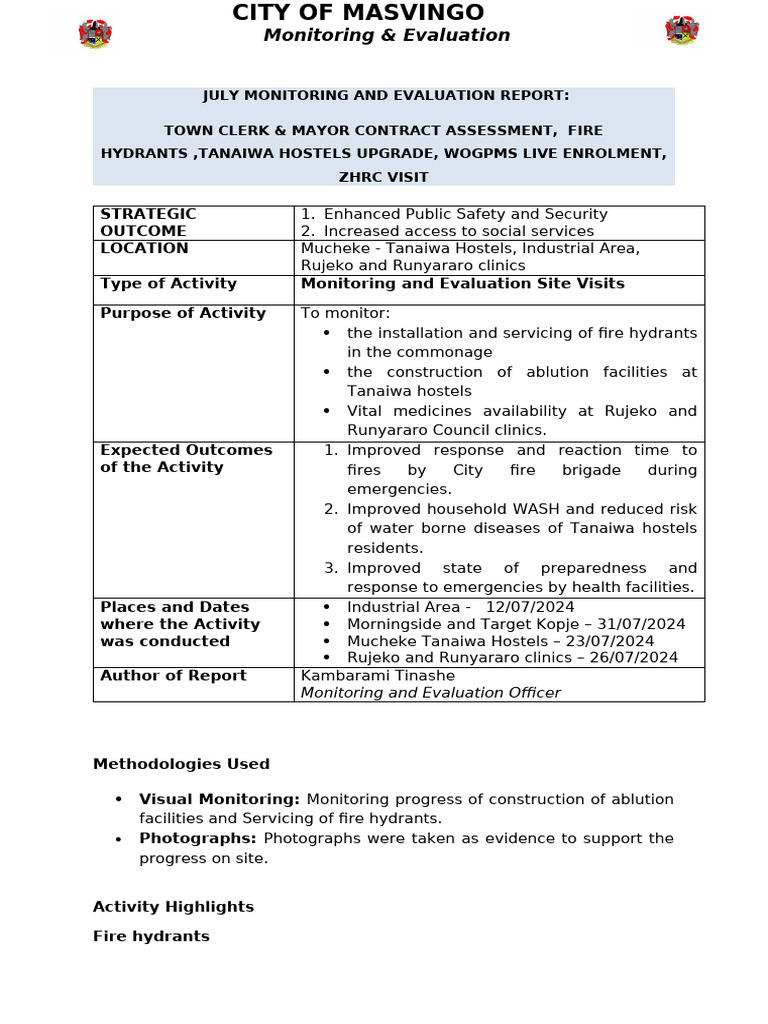 July Monitoring & Evaluation Report | PDF | Firefighter | Hygiene