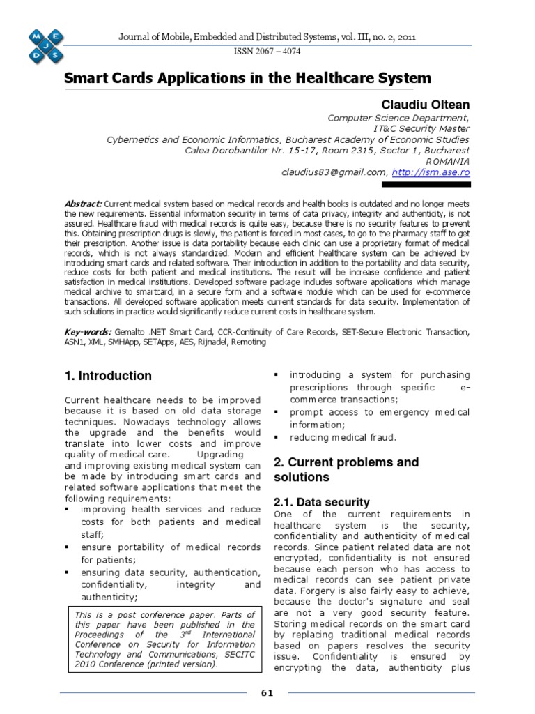 Smart Card Solutions for Healthcare Issues | PDF | Smart Card | Medical ...