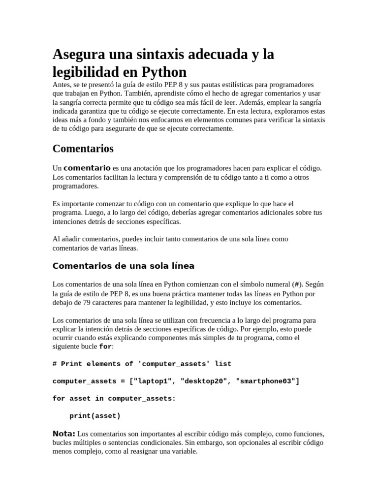 Asegura Una Sintaxis Adecuada y La Legibilidad en Python | PDF