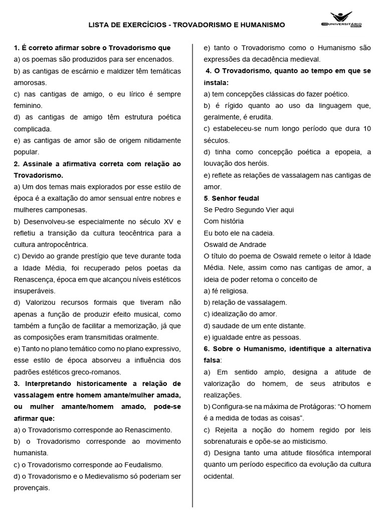 Lista de Exercícios - Trovadorismo e Humanismo | PDF