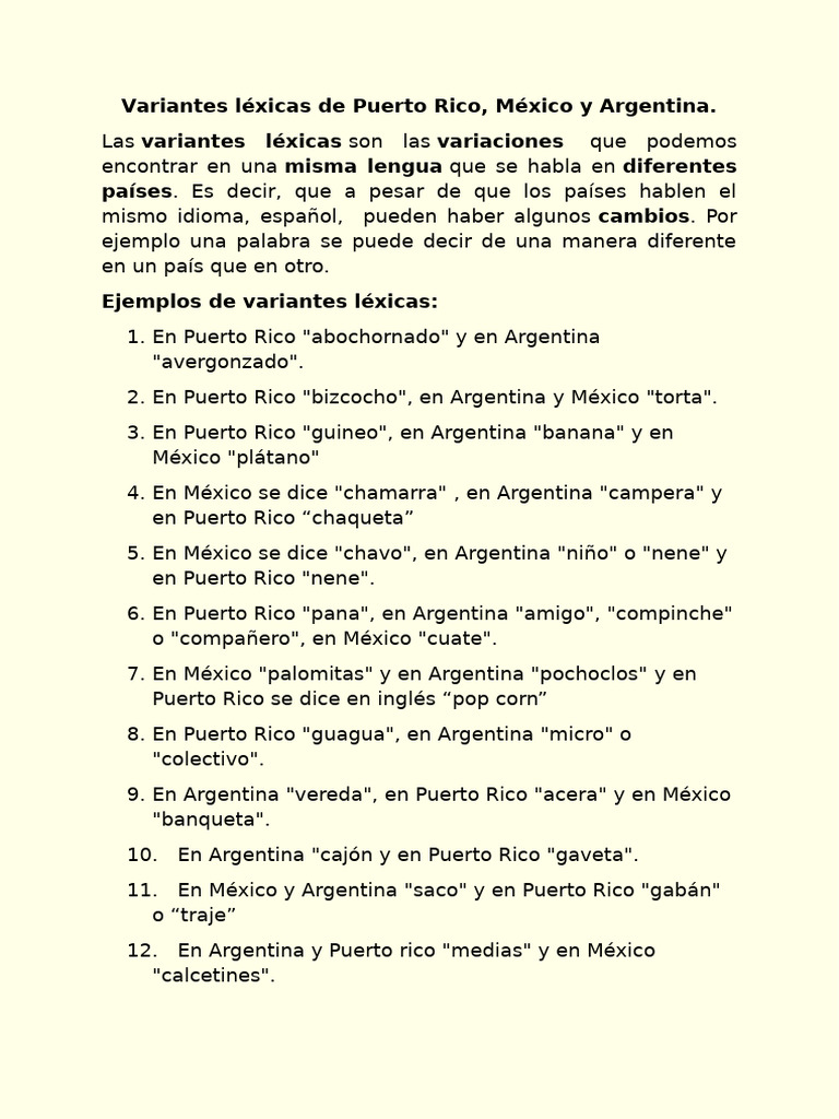 Variantes lexicas de Puerto Rico, México y Argentina | PDF