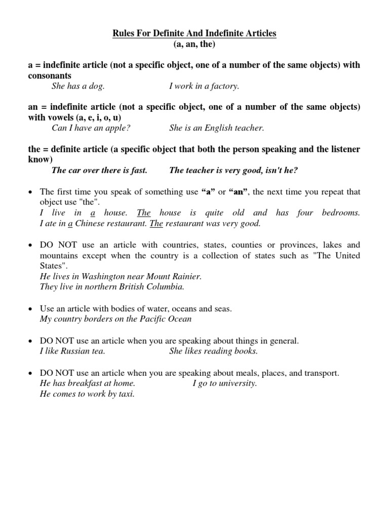 Rules For Definite And Indefinite Articles Pdf Grammatical Tense Verb