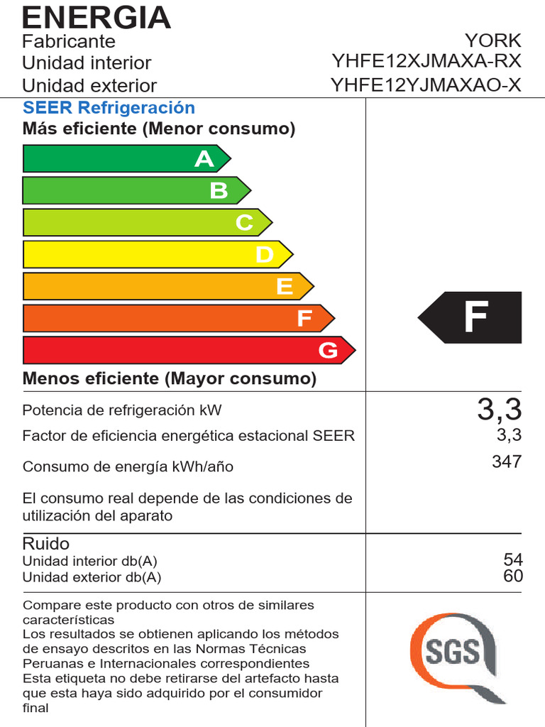 Split Pared YORK ON-OFF - FRIO SOLO - ETIQUETAS | PDF