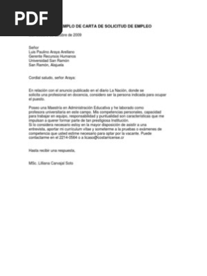 Ejemplo De Carta De Solicitud De Empleo Recursos Humanos