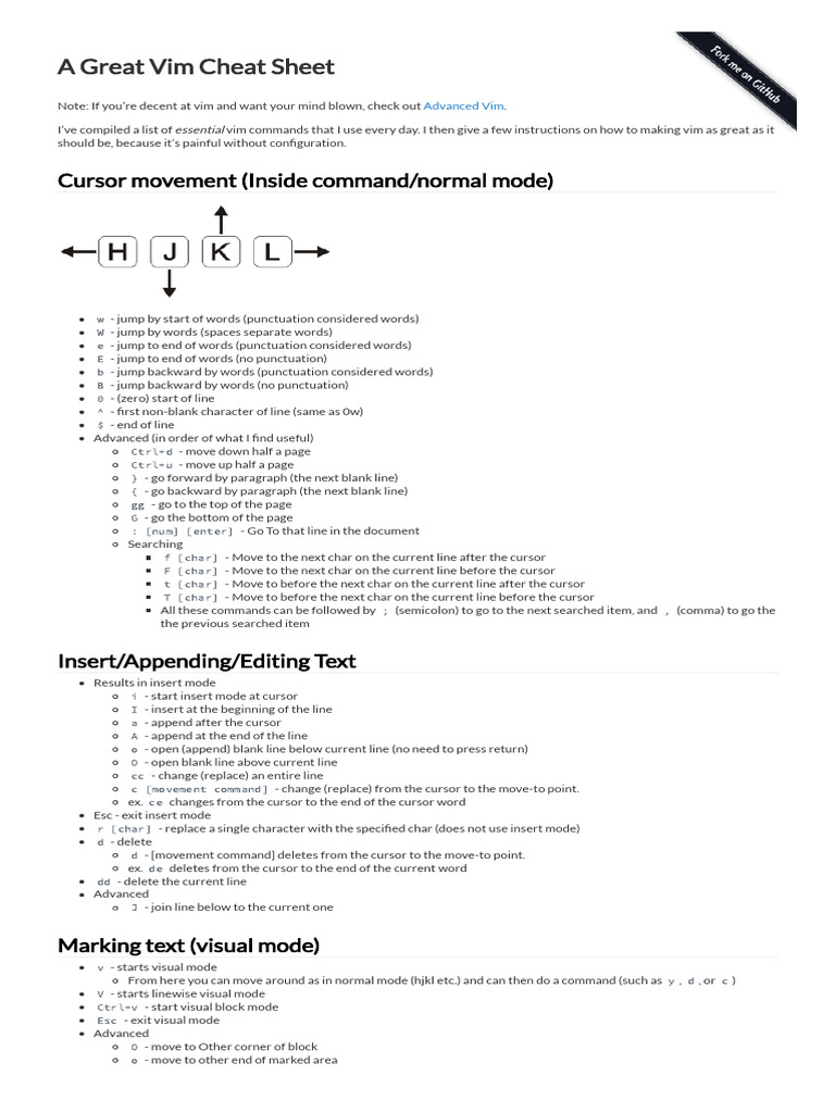 A Great Vim Cheat Sheet | PDF