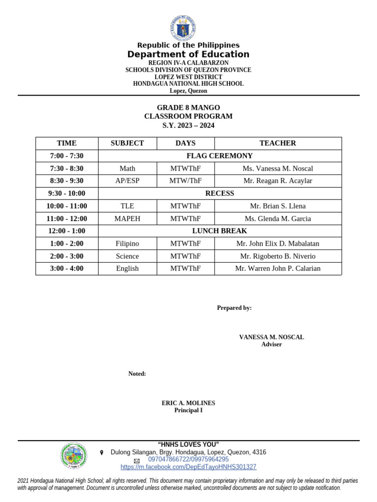 Grade 8 Classroom Program | PDF
