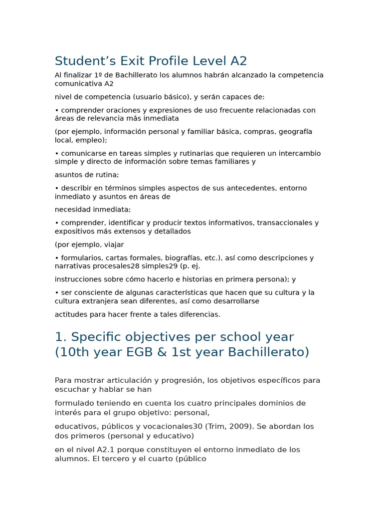 Student's Exit Profile Level A2 | PDF