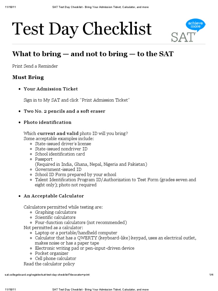 SAT Test Day Checklist Bring Your Admission Ticket, Calculator, and