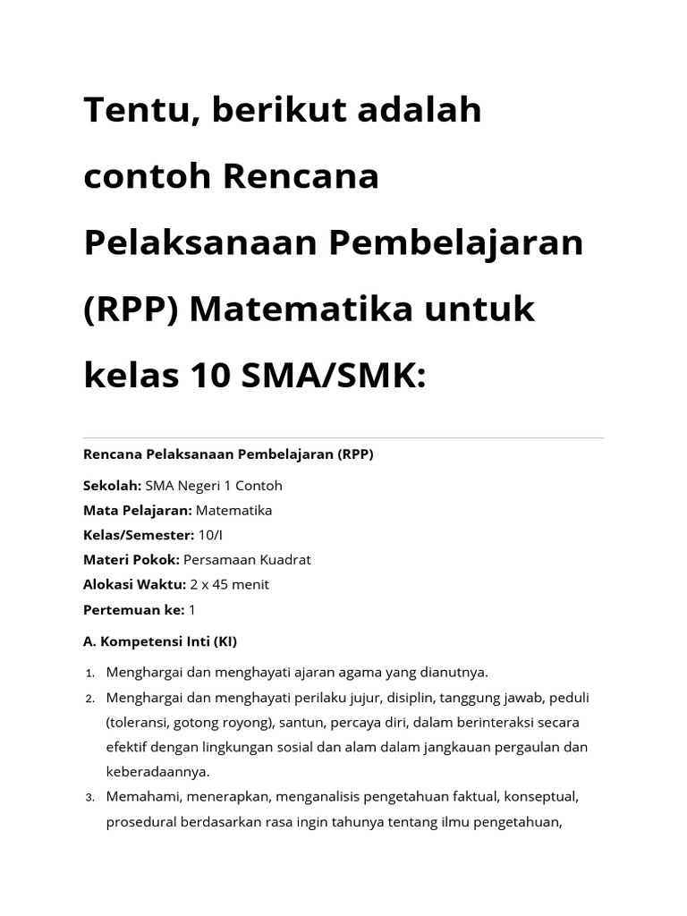 Tentu, Berikut Adalah Contoh Rencana Pelaksanaan Pembelajaran (RPP ...