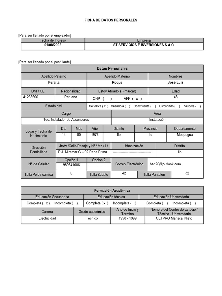 Ficha de Datos Personales | PDF