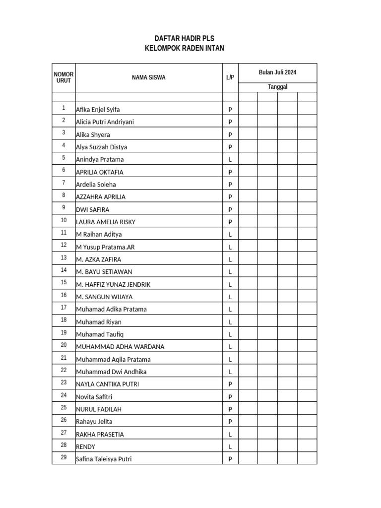 Daftar Hadir PLS Juli 2024 | PDF