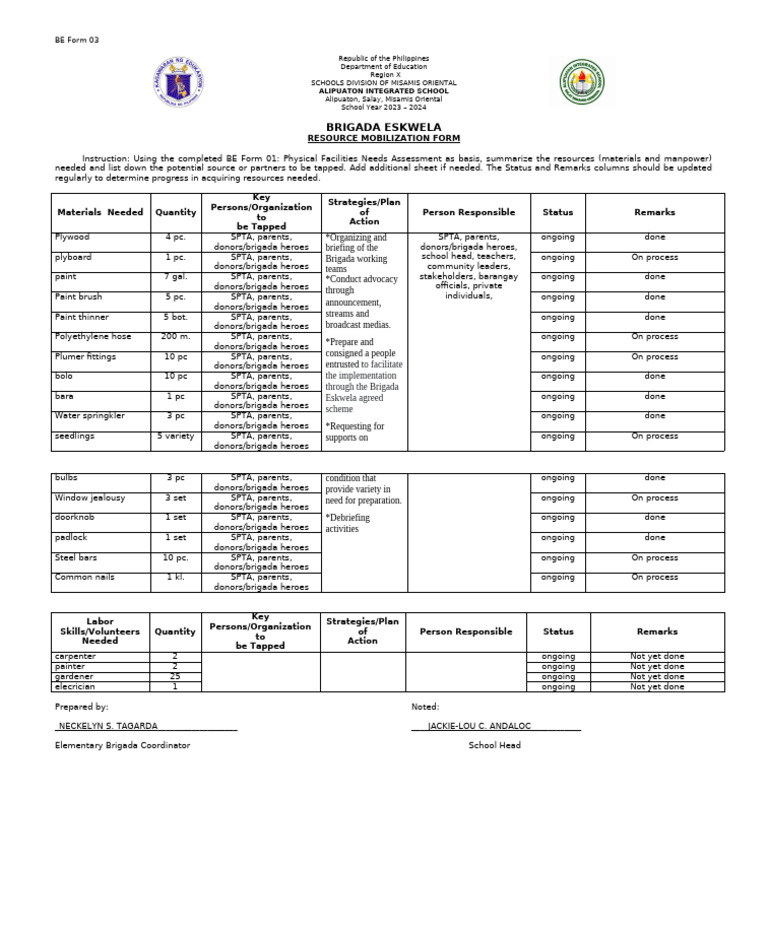 Brigada Eskwela: Resource Mobilization Form | PDF