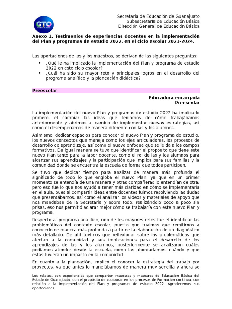 Anexo 1. Testimonios de Experiencias Docentes en La Implementación Del