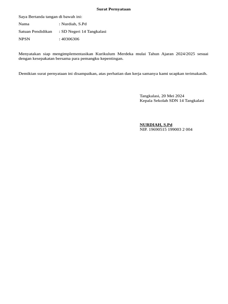 Surat Pernyataan Pendaftaran Kurikulum Merdeka Pdf
