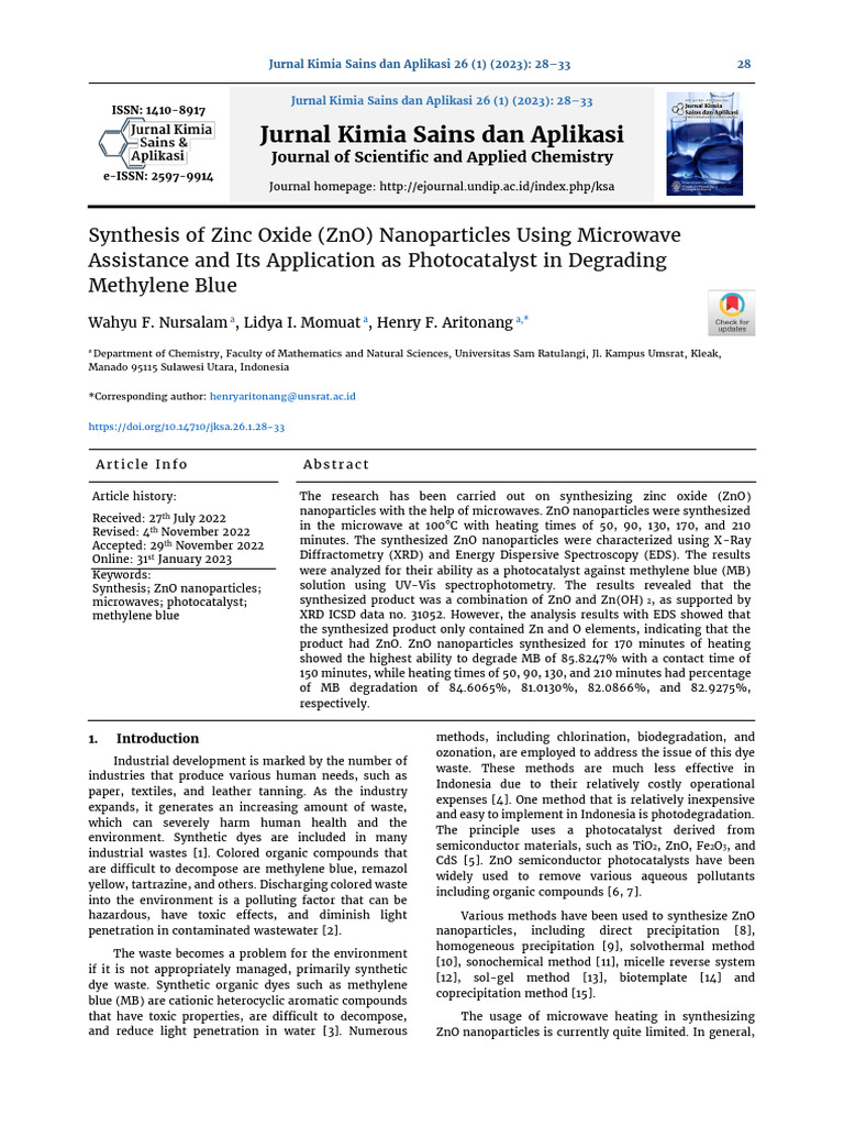 Synthesis of Zinc Oxide ZnO Nanoparticle | PDF