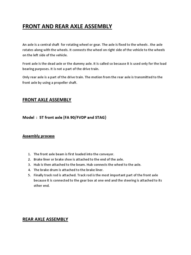 Front and Rear Axle Assembly Guide | PDF | Axle | Wheel