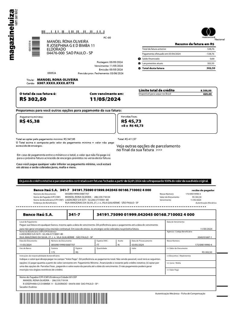 Cartaoluiza - 8775 - Fatura - 2024-05 | PDF