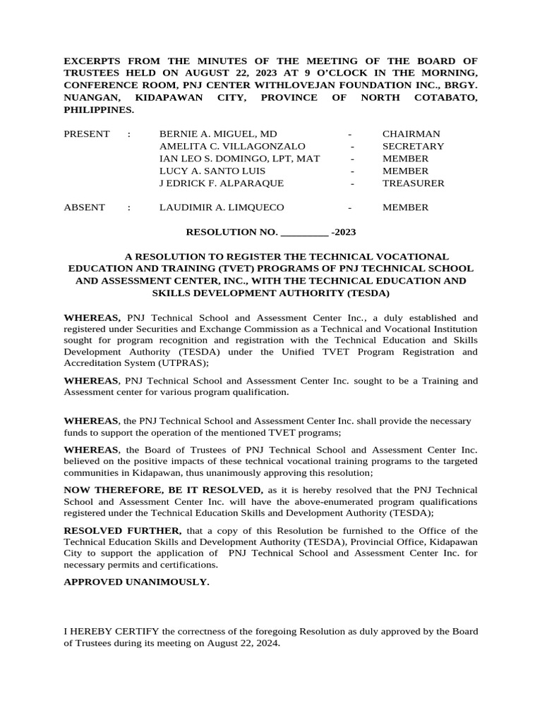 Board Resolution Establishing Training And Assessment Center Pdf