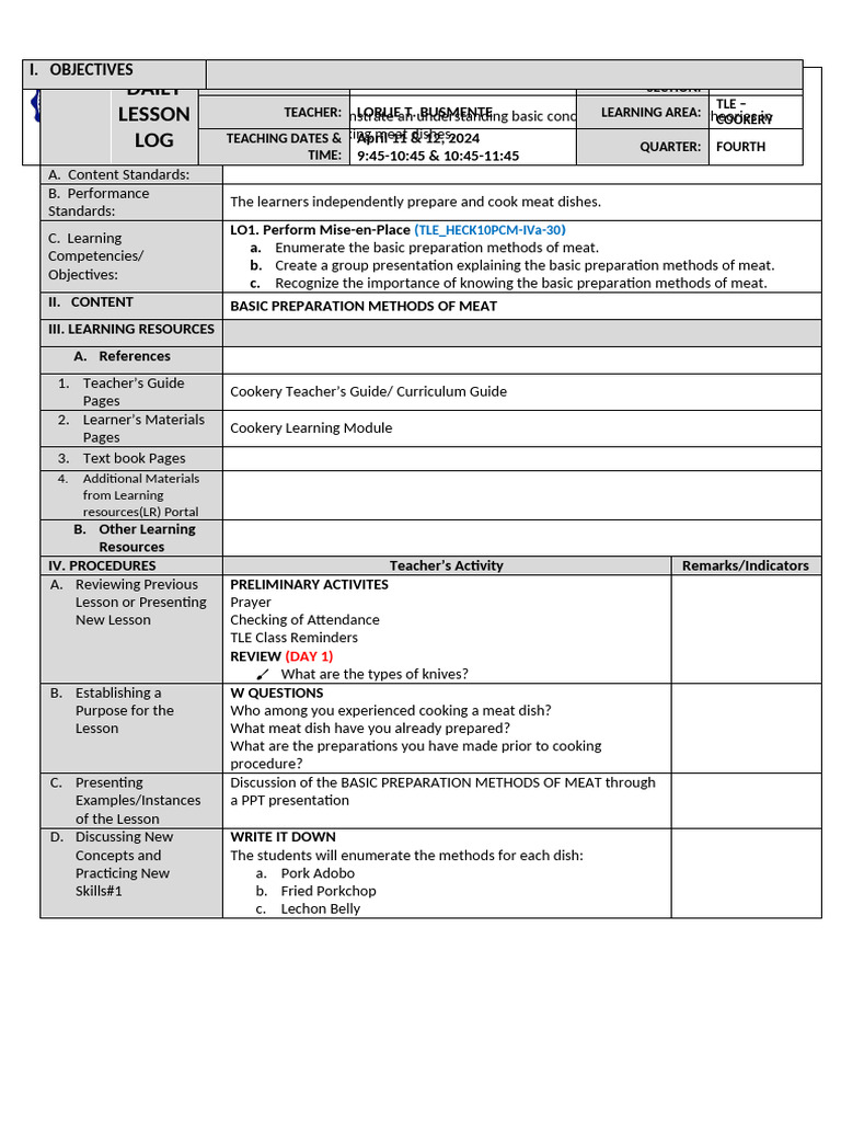 Week 2 day 1 2 basic preparation methods of meat pdf