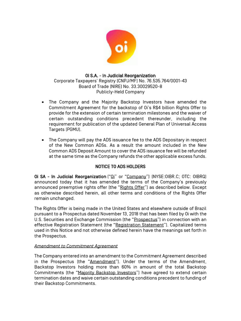 Oi S.A. Rights Offer Amendment Notice | PDF | Securities (Finance) | U ...