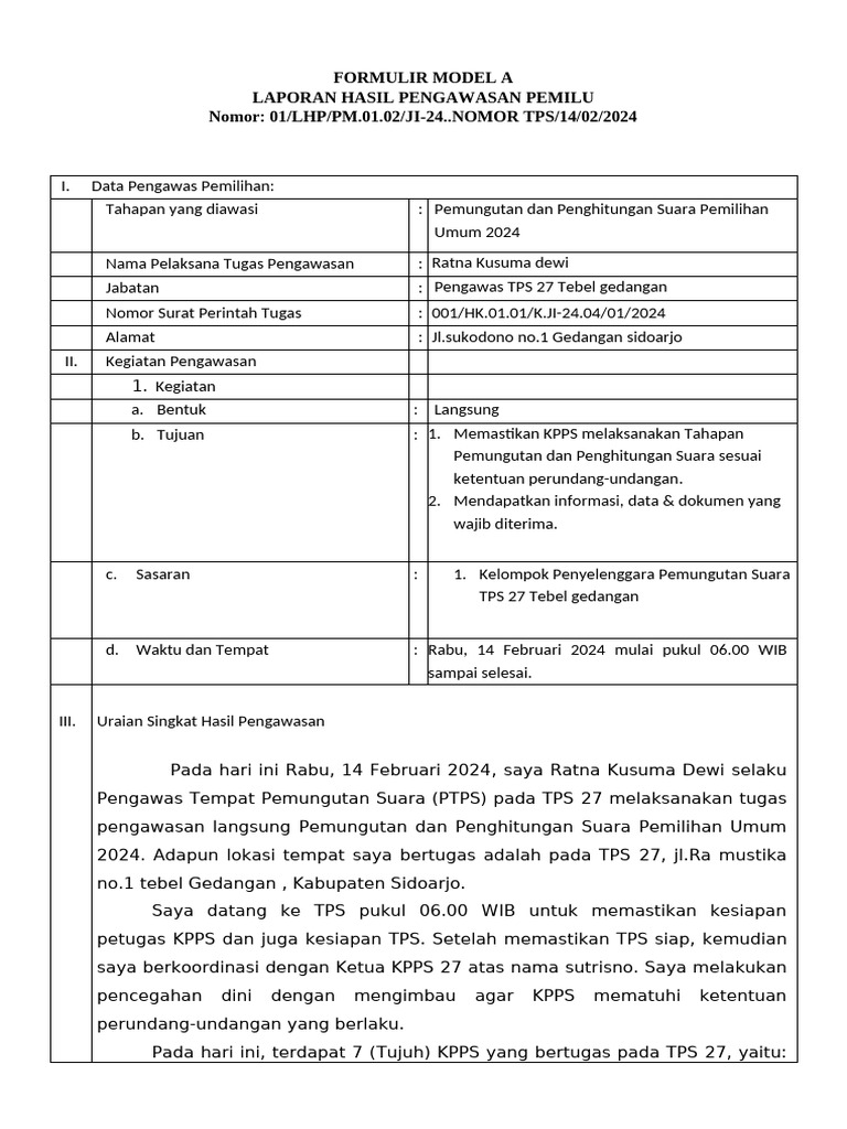 FORM A Pengawasan TPS Sidoarjo | PDF