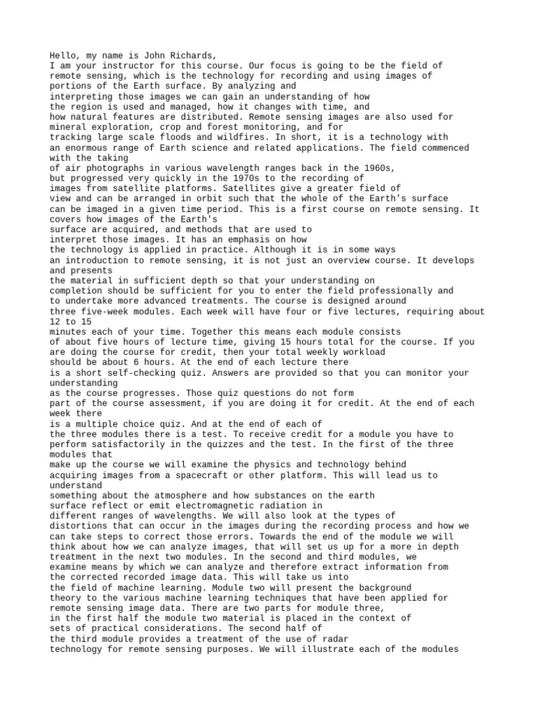 Course Remote Sensing Subtitles of Lecture 1 | PDF | Remote Sensing ...