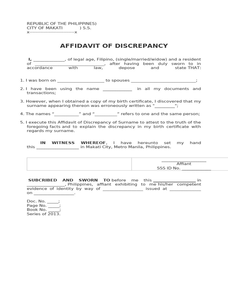Affidavit Of Discrepancy In Name Pdf