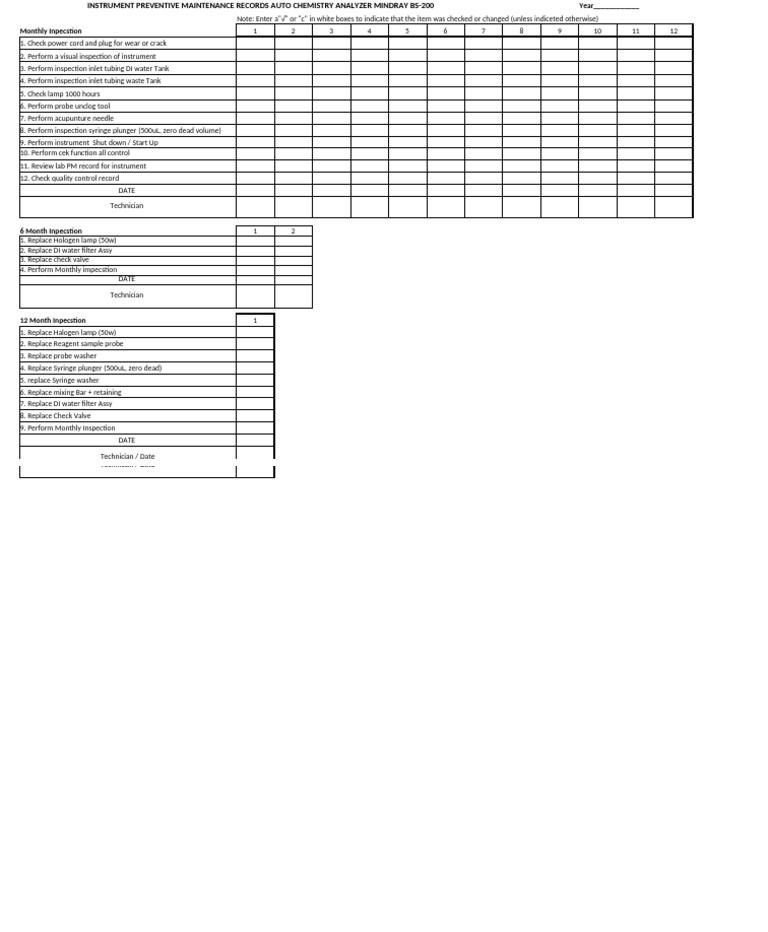 Instrument preventive maintenance records auto chemistry analyzer