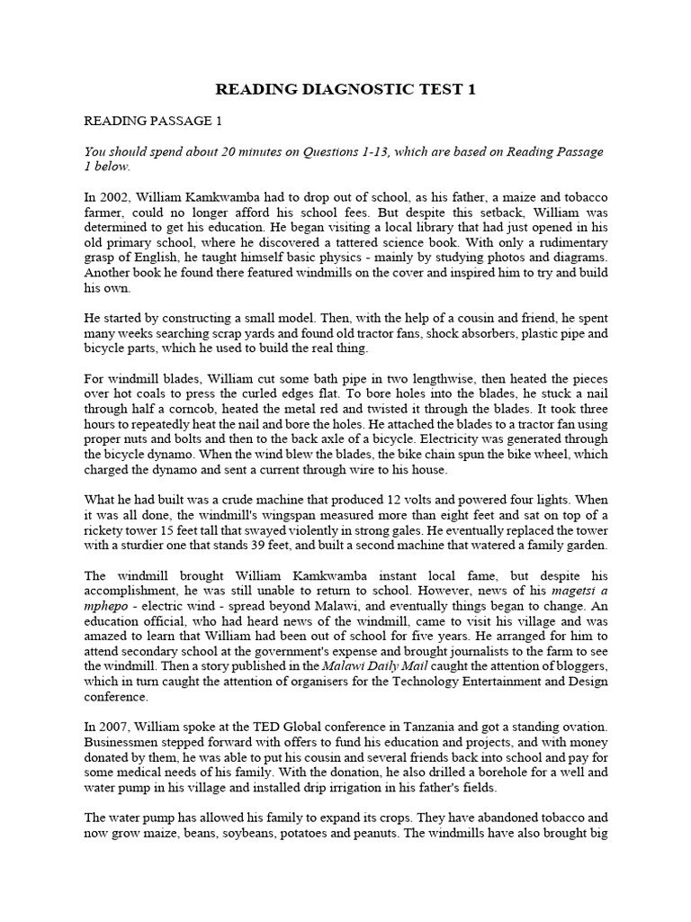 Reading Diagnostic Test 1 | PDF