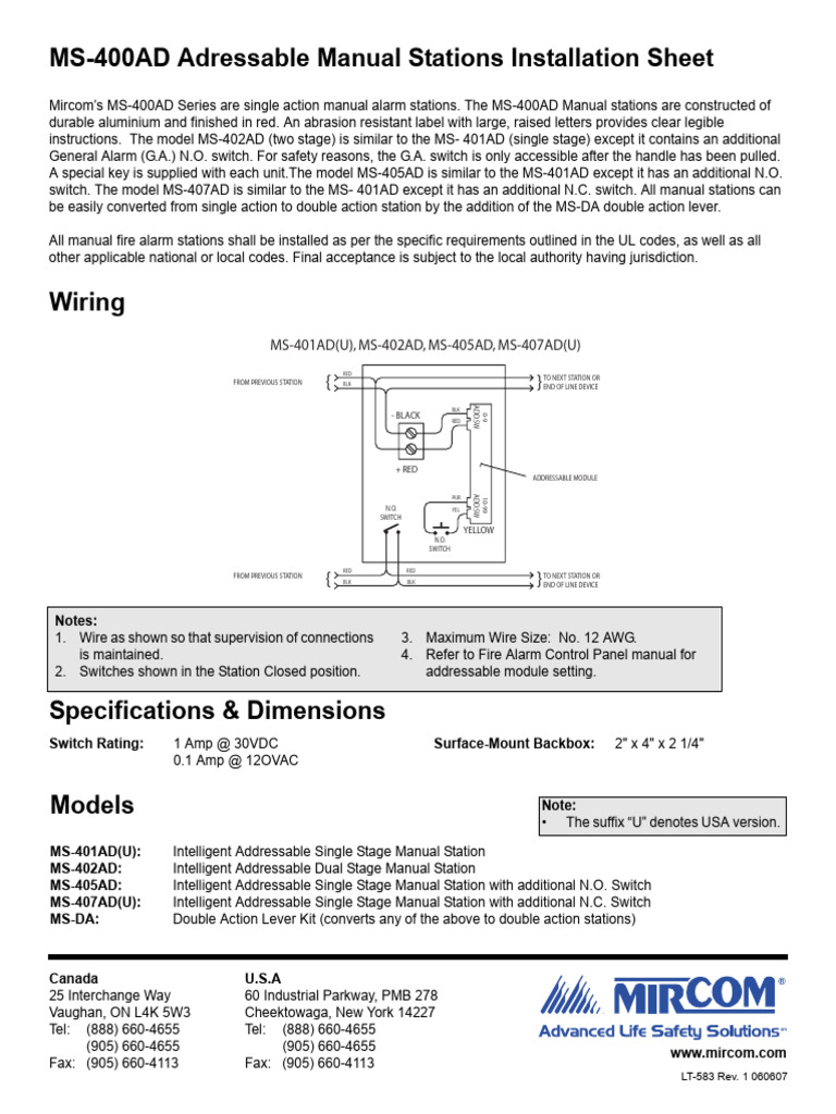 LT-583 Addressable Manual Station Installation Sheet Rev1 | PDF