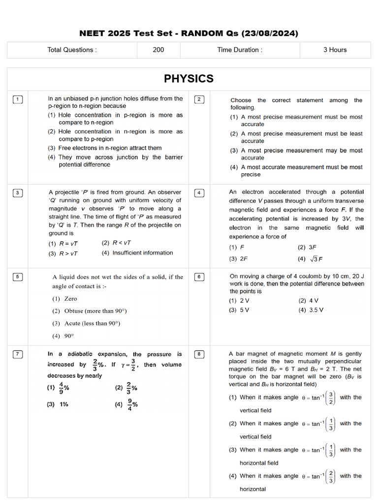NEET 2025 Random Question Set | PDF | Standardized Tests | Student ...