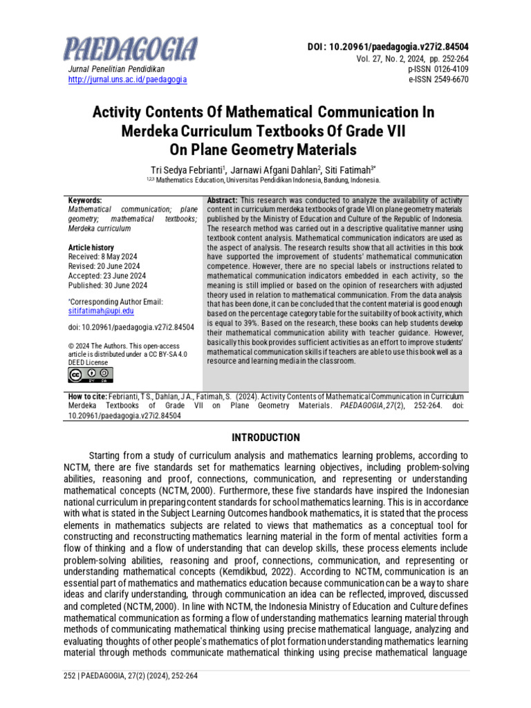 Activity Contents of Mathematical Communication in Merdeka Kurikulum ...