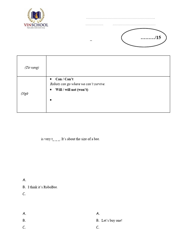 Score: /15: Unit 9: Robots - Lesson 9.2 | PDF
