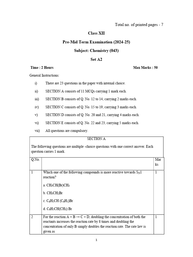 12 Chemistry A2 Pre Mid Term 2024 25 | PDF
