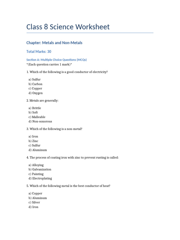 Class 8 Science Worksheet Metals and NonMetals | PDF