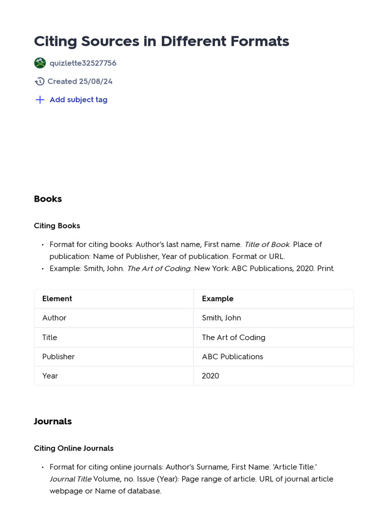 Citing sources in different formats study guide quizlet pdf