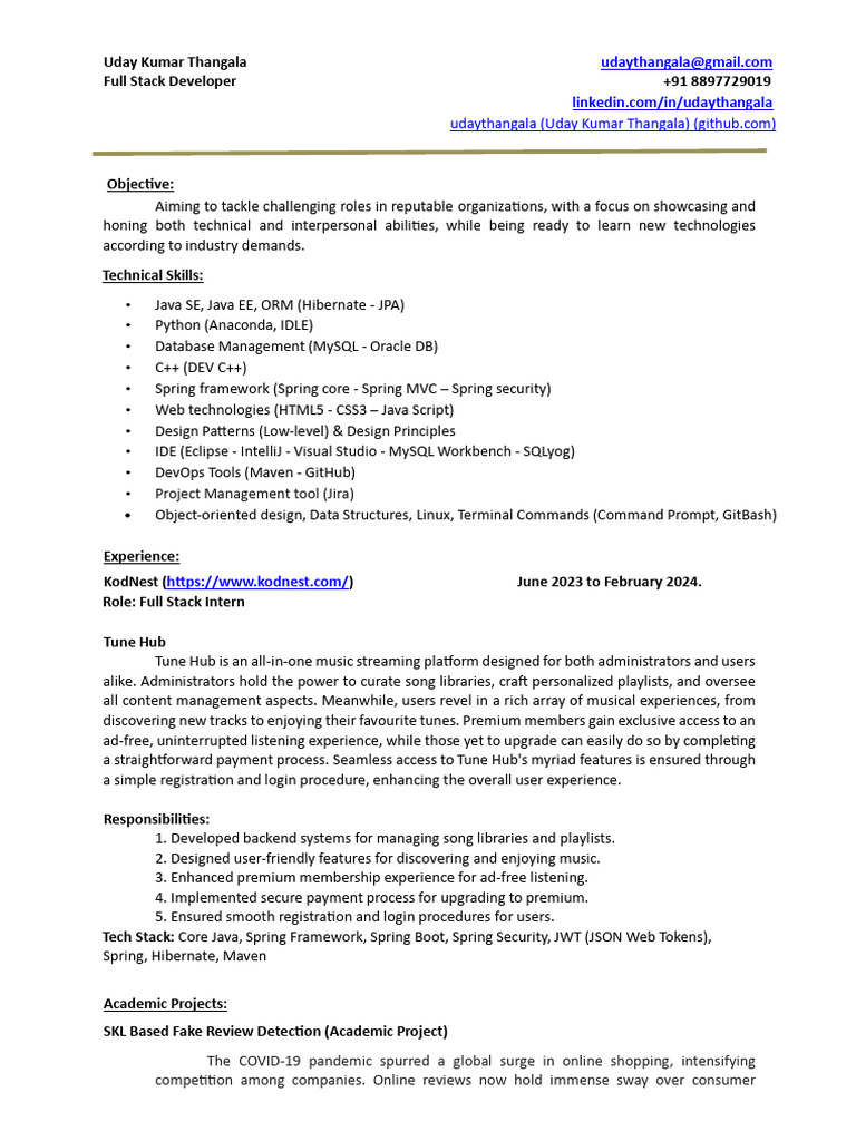 Uday Kumar Thangala Resume Pdf