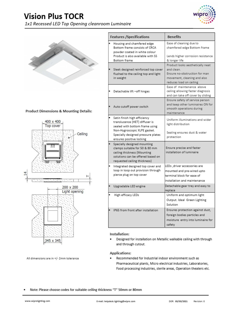 Vision Plus TOCR: 1x1 Recessed LED Top Opening Cleanroom Luminaire | PDF